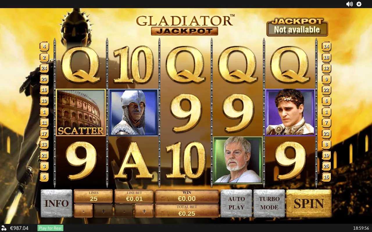 Clustered grid heavy on Q and 9 symbols with the Colosseum Scatter on the left reel