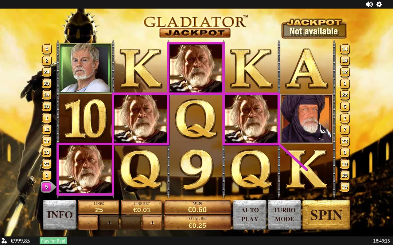 White-bearded senator symbol completing a payline for a €0.60 win