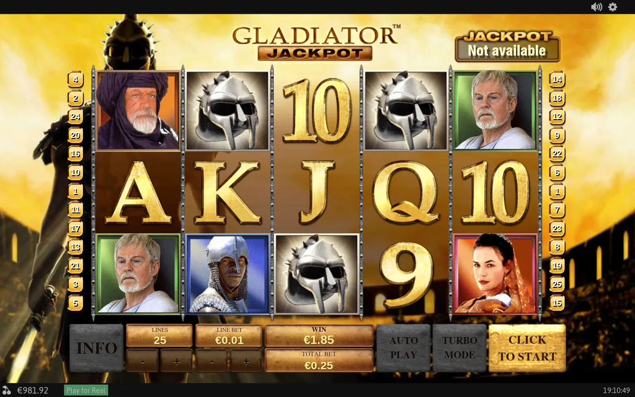 Three Gladiator helmets across the middle reels with a €1.85 win figure and the CLICK TO START prompt across the grid