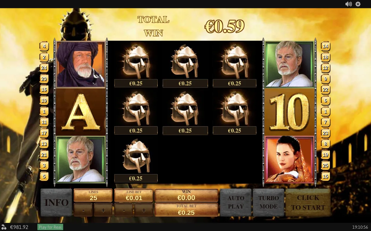 Helmets flipping open inside the Gladiator Bonus pick screen with the count at €0.59