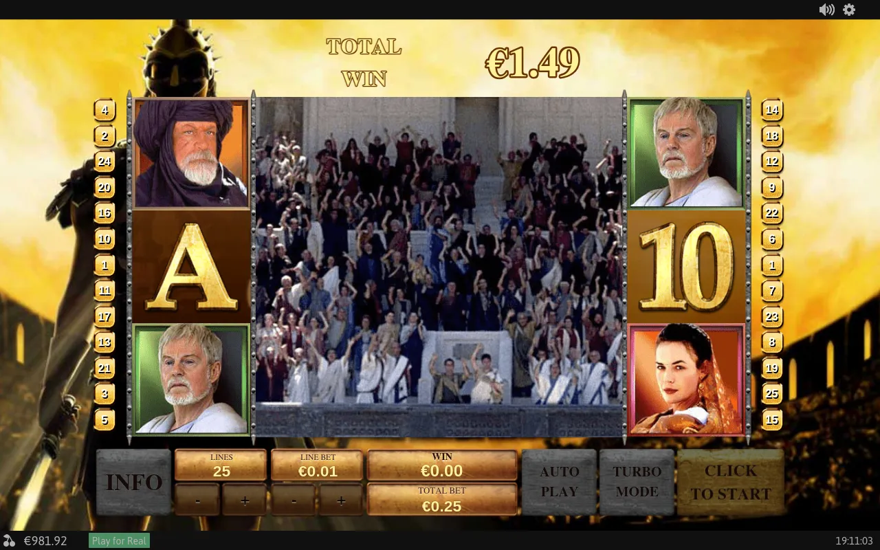 A Colosseum-crowd cutaway over a bonus total-win screen reading €1.49