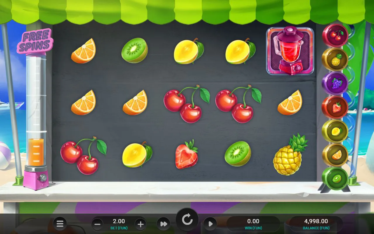 5×3 chalkboard grid with juice-funnel meter on the left and fruit-collection bar on the right