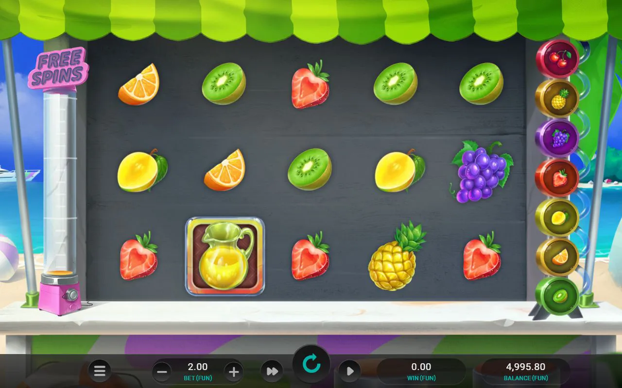 Settled base spin with oranges, kiwis, strawberries and a lone juice jug