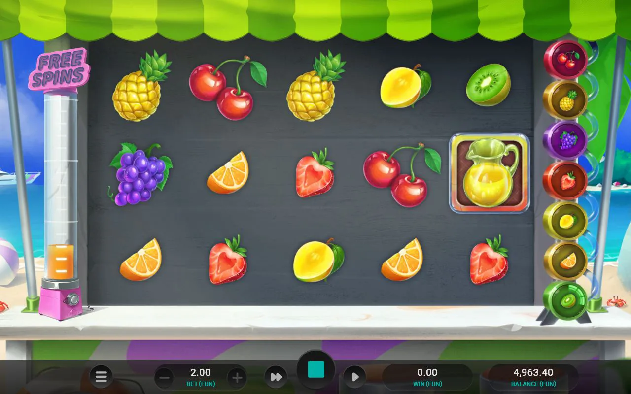 Base layout heavy with pineapples, cherries and a single juice jug on the right reel