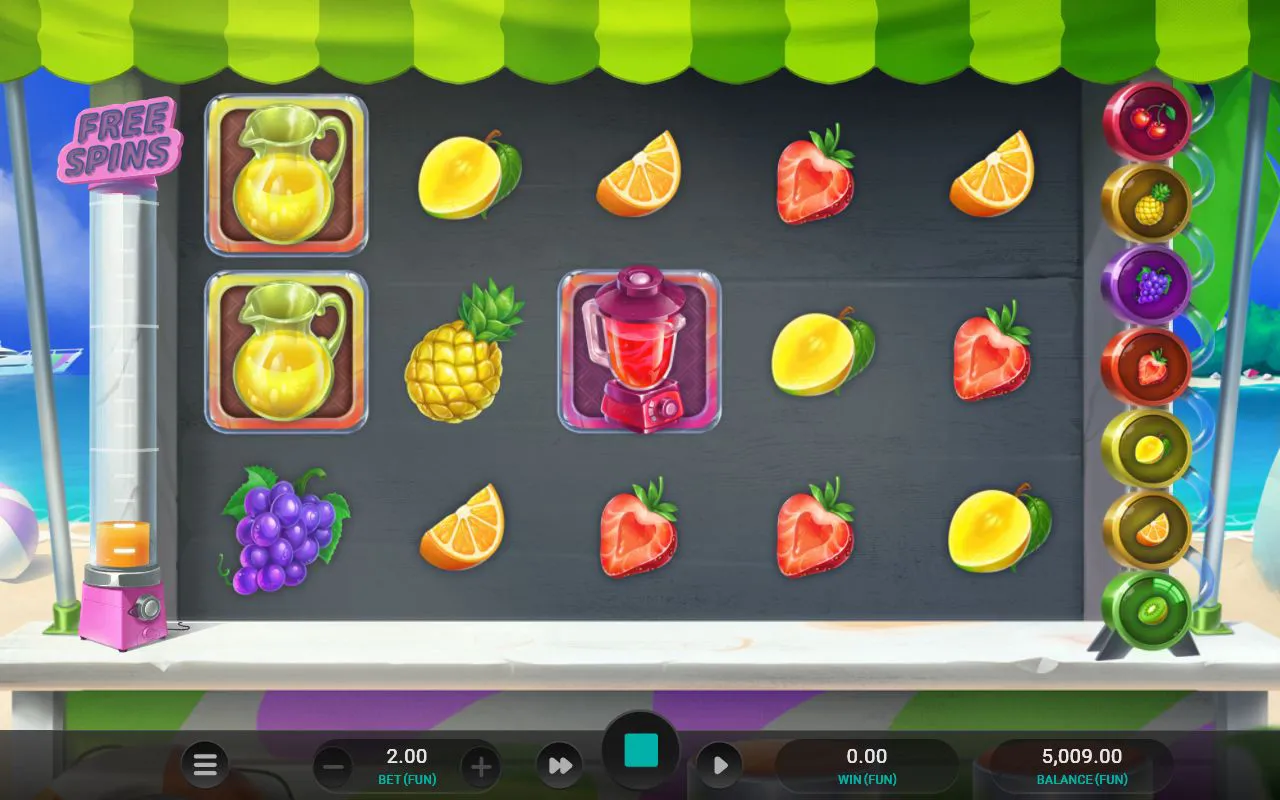 Base grid with stacked juice jugs on left reels and a red blender in the centre