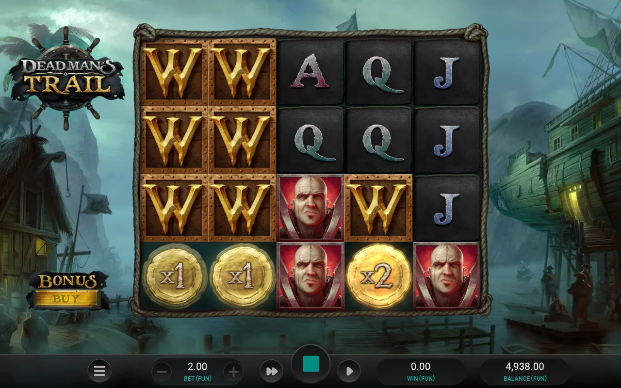 Two full columns of gold W wild plaques with x1 and x2 coin symbols on the bottom row