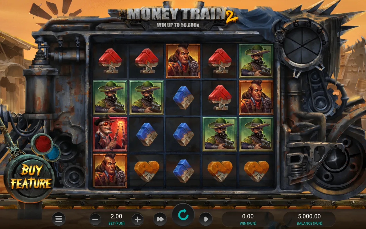 Money Train 2 base reels with the 50,000x banner and a Buy Feature lever bottom-left
