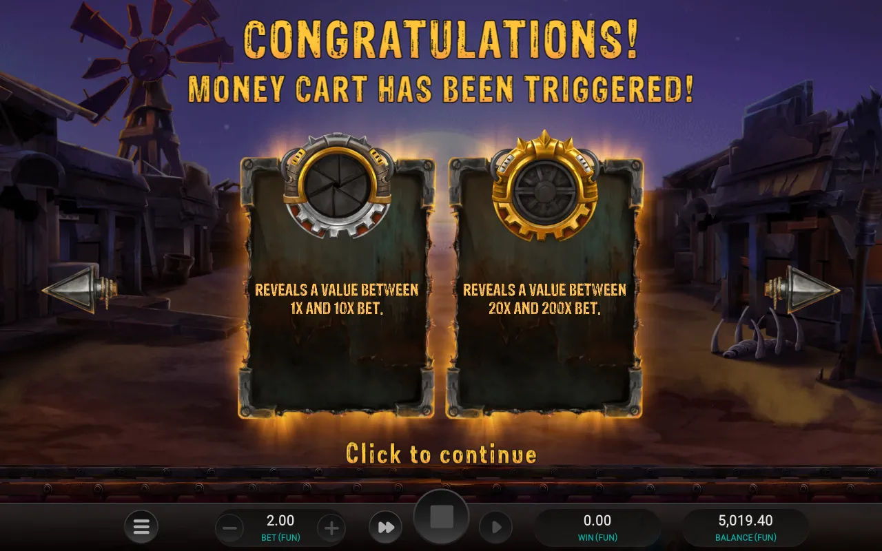 Money Cart trigger screen with a 1x to 10x door and a 20x to 200x door