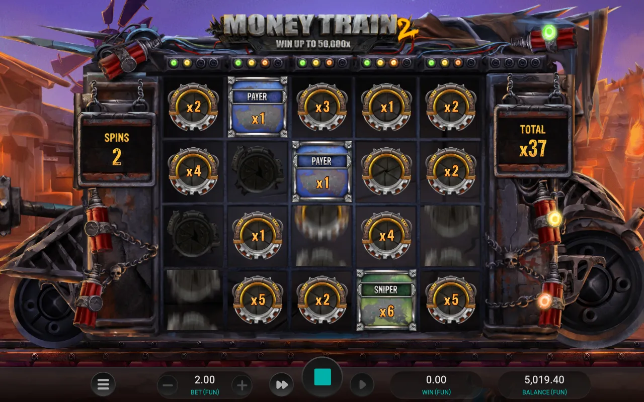 Money Cart board on spins 2 with the total multiplier at x37 and a green Sniper x6 locked