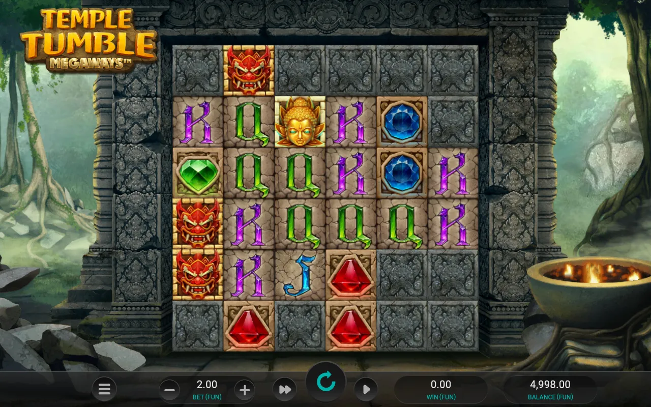 Temple Tumble Megaways grid inside a carved stone frame with serpent and lion guardians