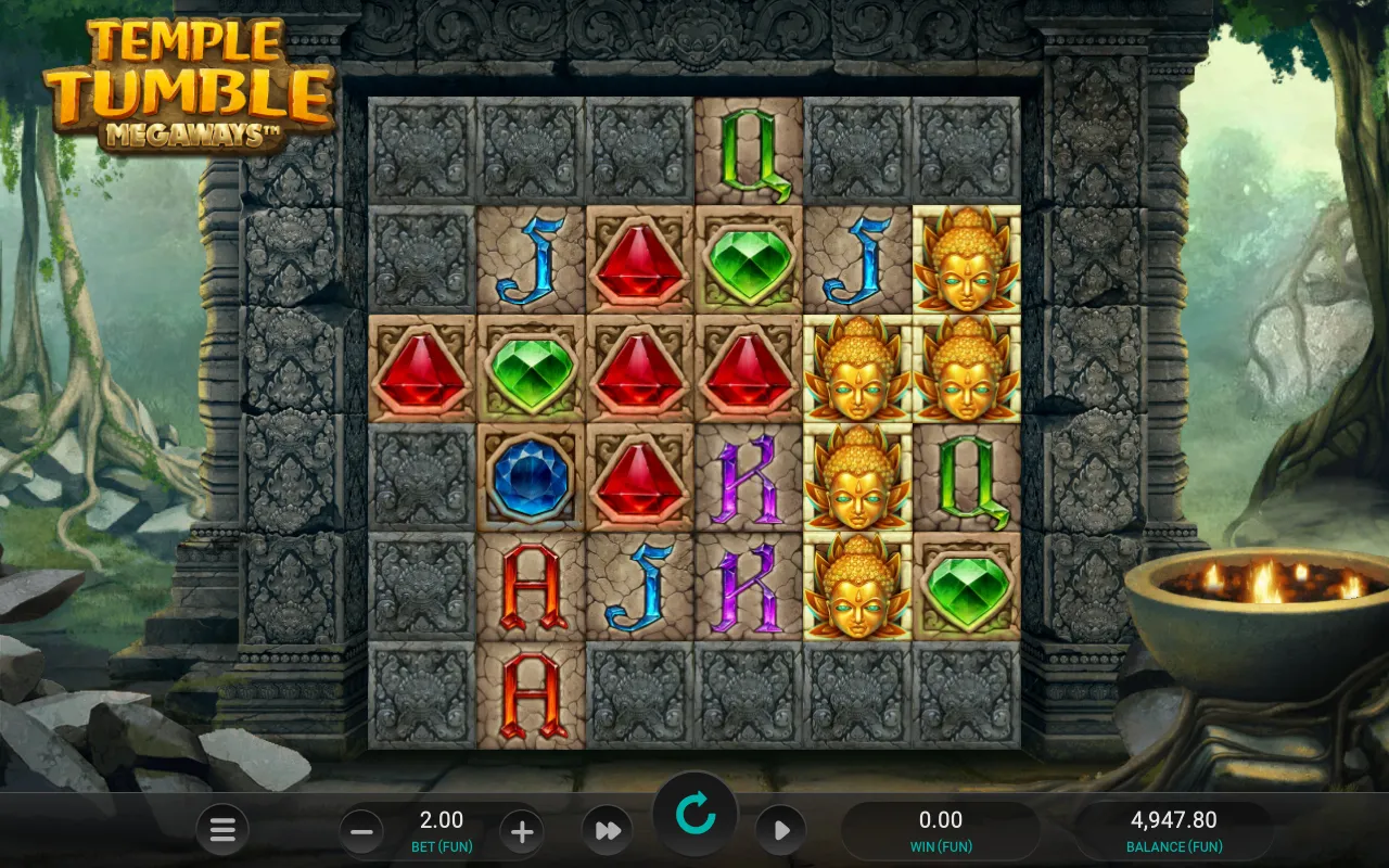 Gold deity symbols clustered across the grid mid-cascade