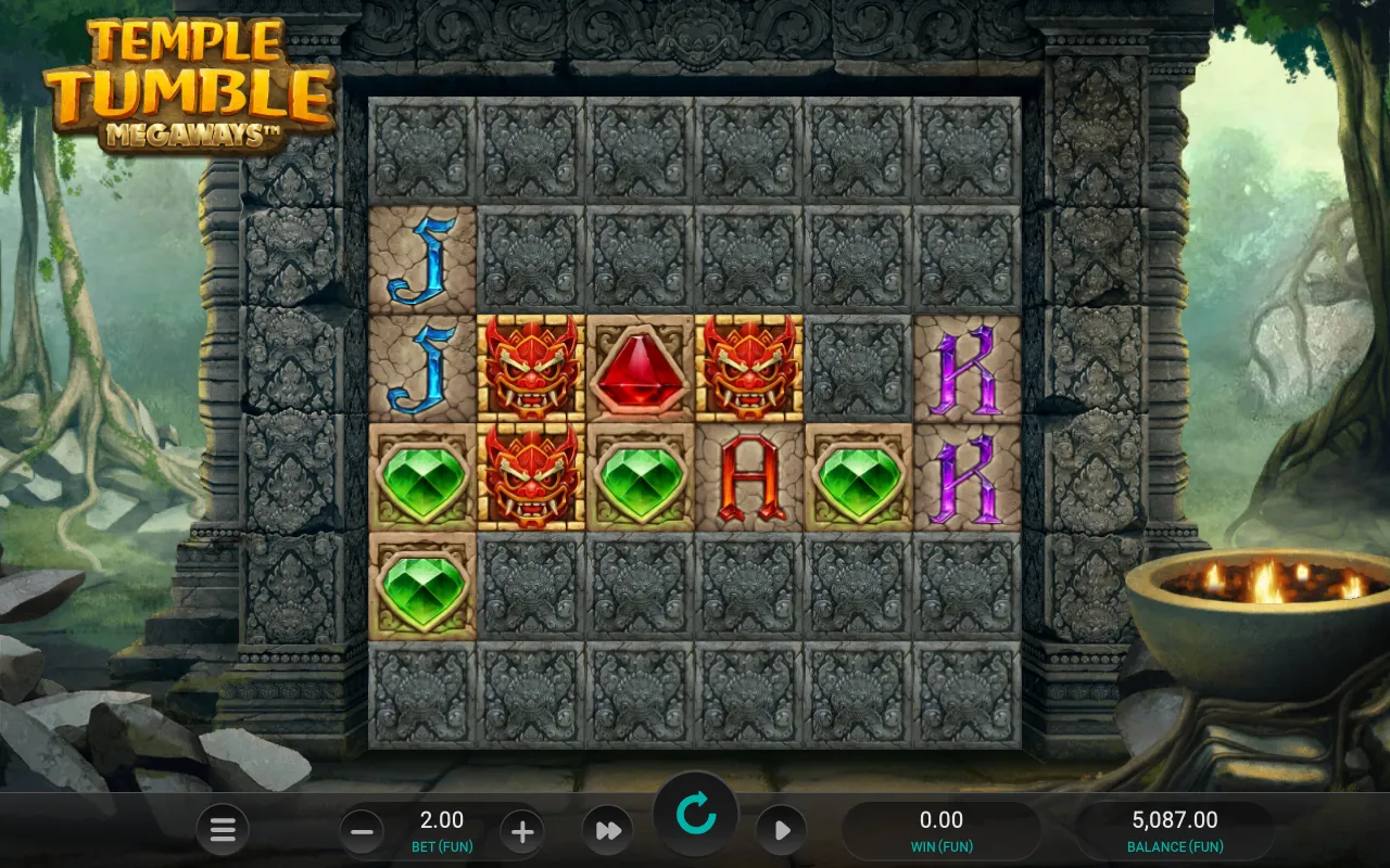Gold deity symbols settled across the grid after a cascade chain