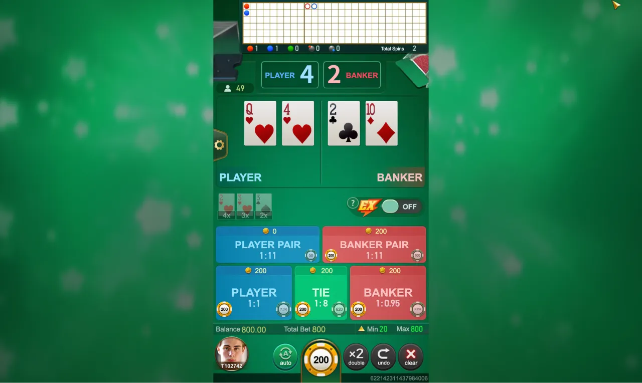 Player on four against Banker on two with four cards face-up across the centre and chips on the betting spots
